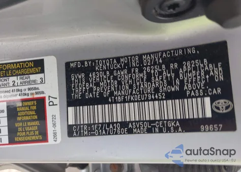 2014 Toyota Camry Xle из США, поврежденный, VIN 4T1BF1FK0EU794452